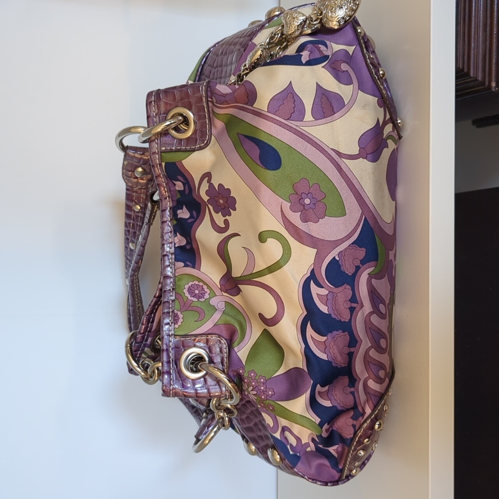 Kathy Van Zeeland Purple Paisley handbag with silver hardware